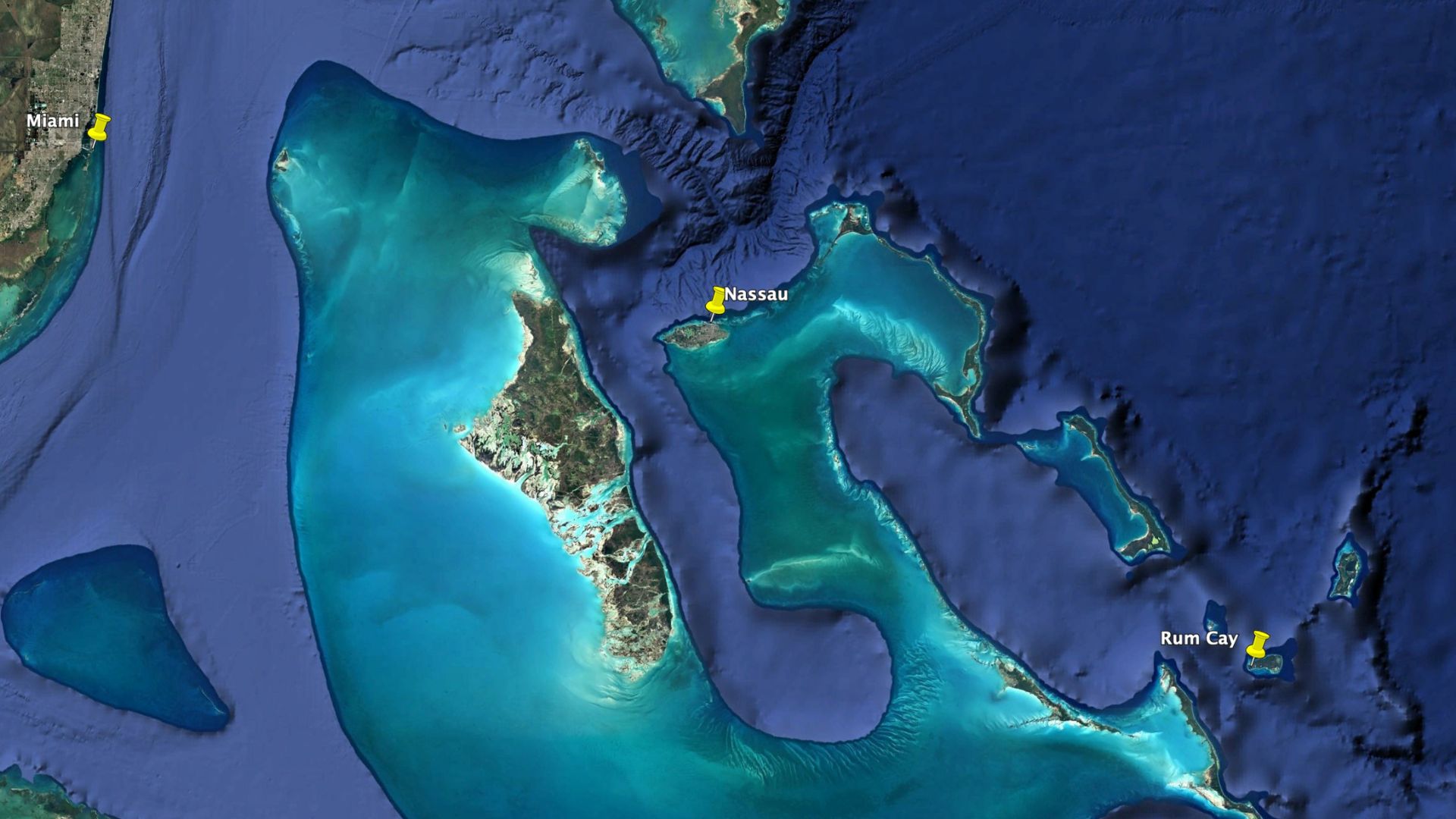 Regional Google Earth view showing Rum Cay in Caribbean context