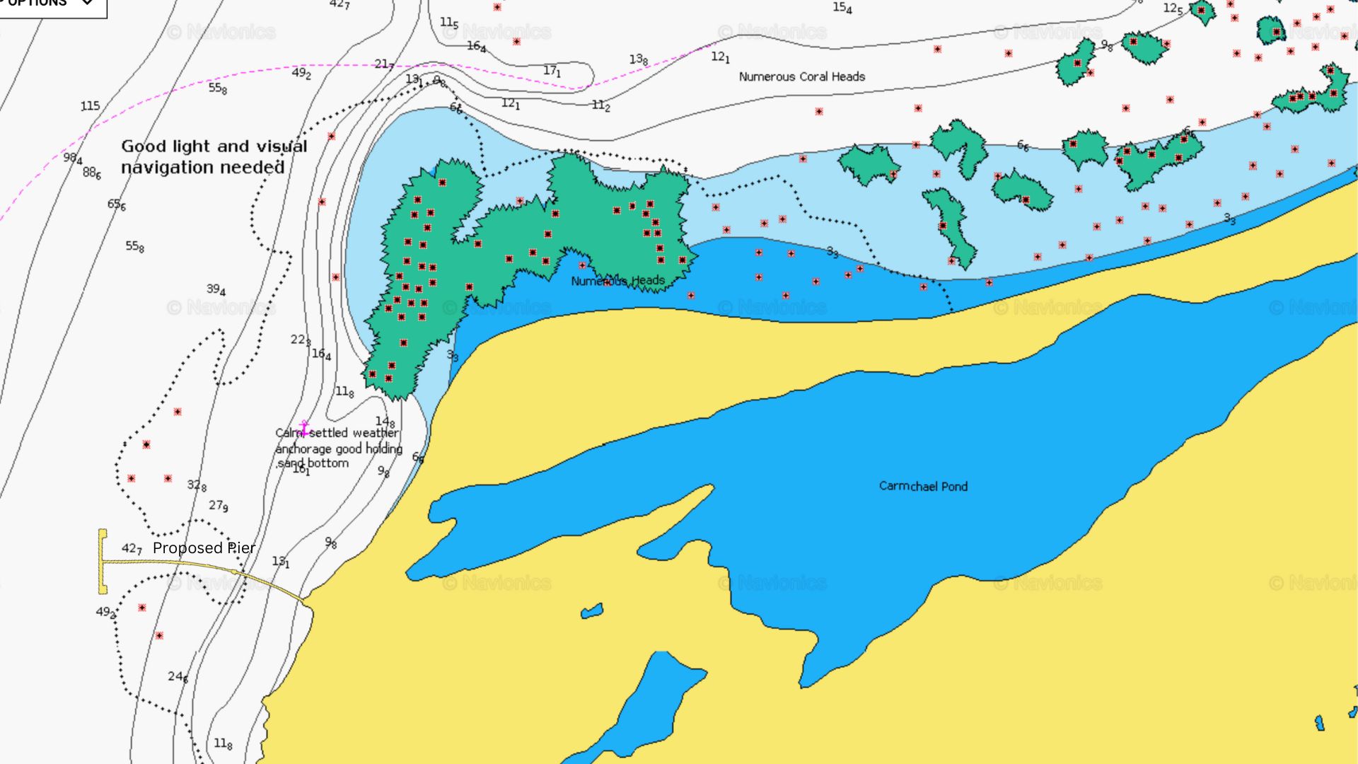 Navionics nautical chart showing proposed pier location at Rum Cay