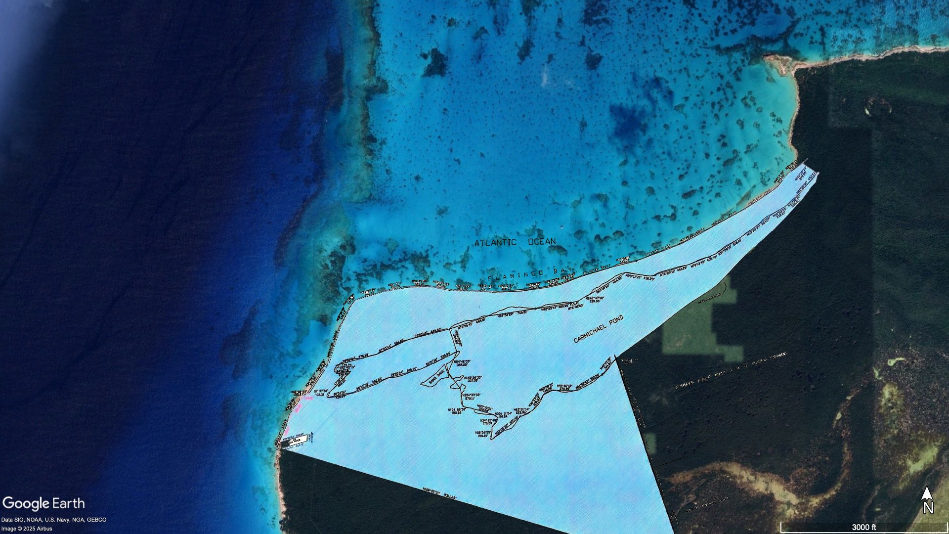 Satellite view with official parcel boundary overlay showing Flamingo Bay
